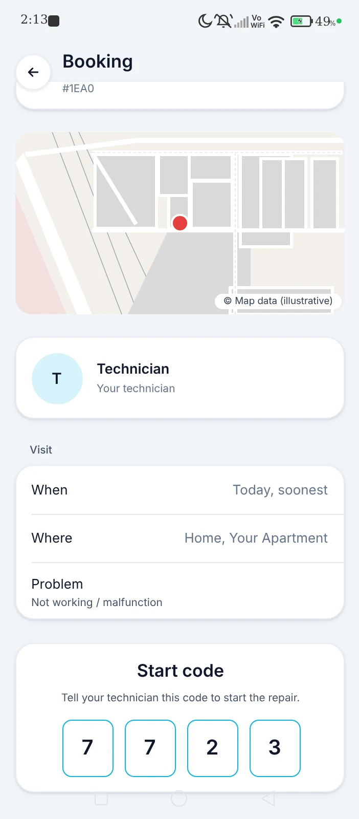 EveryWare app booking details with the technician, visit time and a four-digit start code to share